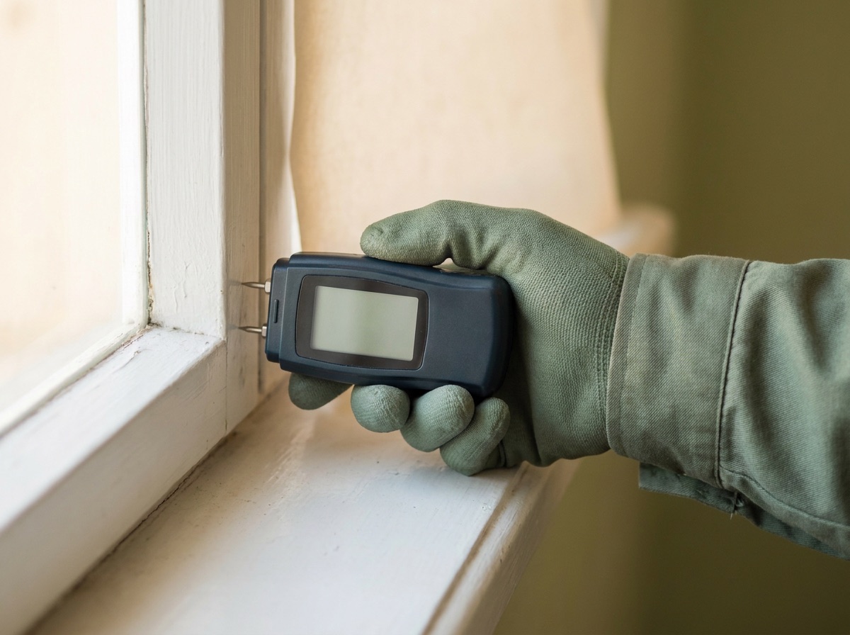 Close-up of a hand using a moisture meter on a window frame during inspection