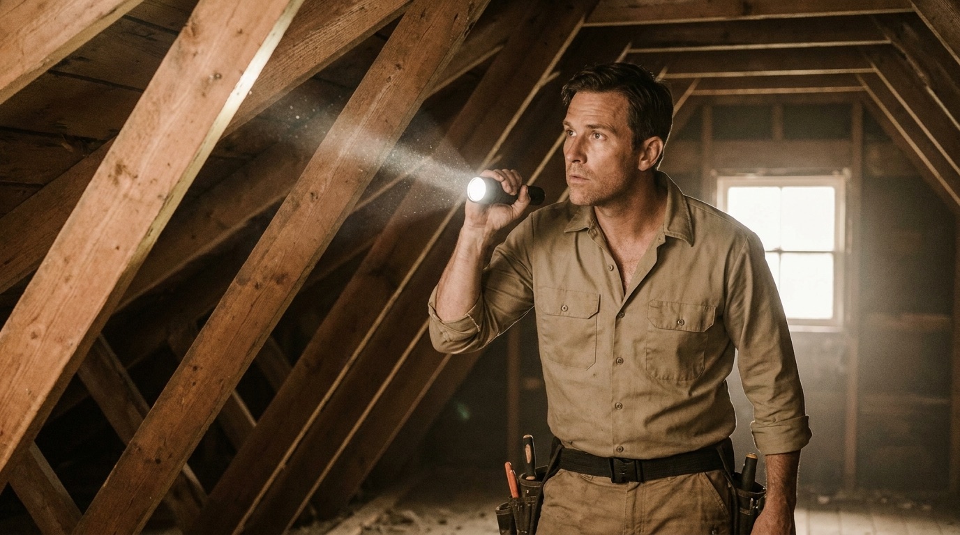 Inspector examining attic rafters with a flashlight during a home inspection